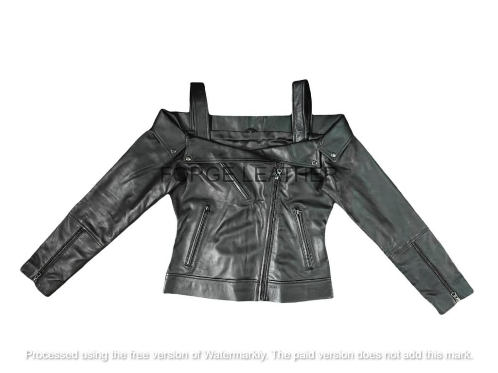 Veste en cuir pour femme élégante à épaules dénudées Agneau pur Noir Fait main Biker