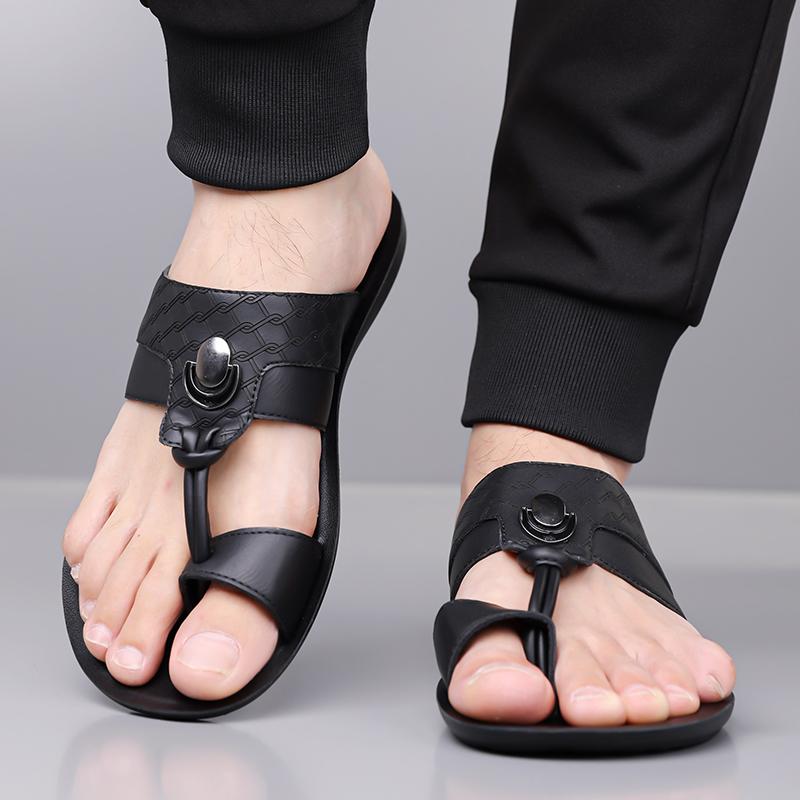 Men Black Leather Slippers Simple Flats Summer White Flip Flops Outdoor Sandals Open Toe Beach Shoes Plus Size