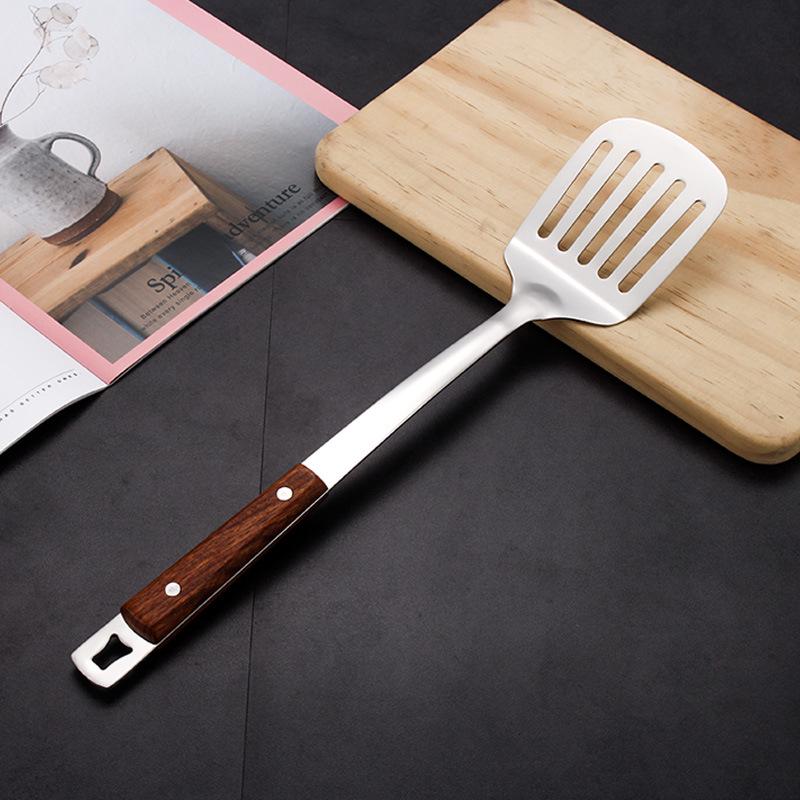 Rosewood Stainless Steel Kitchen Utensil Set: Long-Handled Spatula, Frying Spatula, Thickened Soup Ladle, Slotted Spoon, and Cooking Spoon.