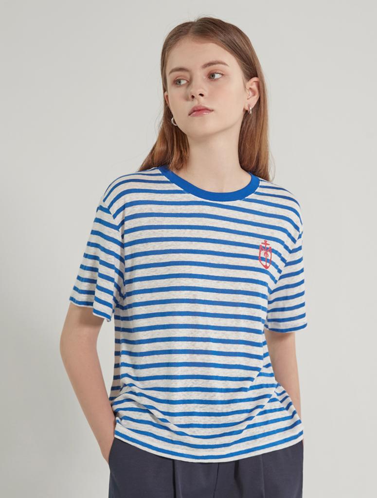 A.RIFF Sailor Linen Stripe Basic Short Sleeve T-Shirt_Blue