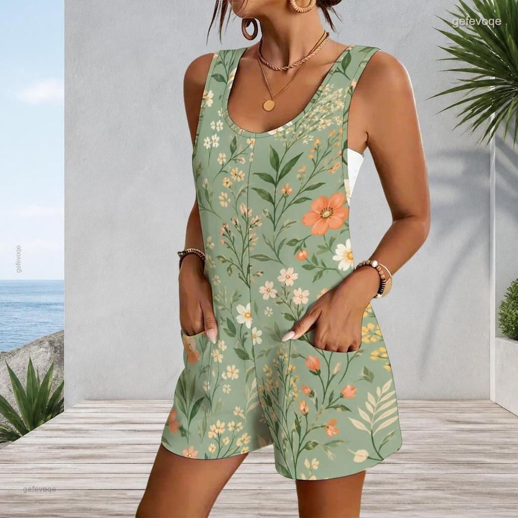 Sleeveless Tank Patch Pocket Romper Plus Size
