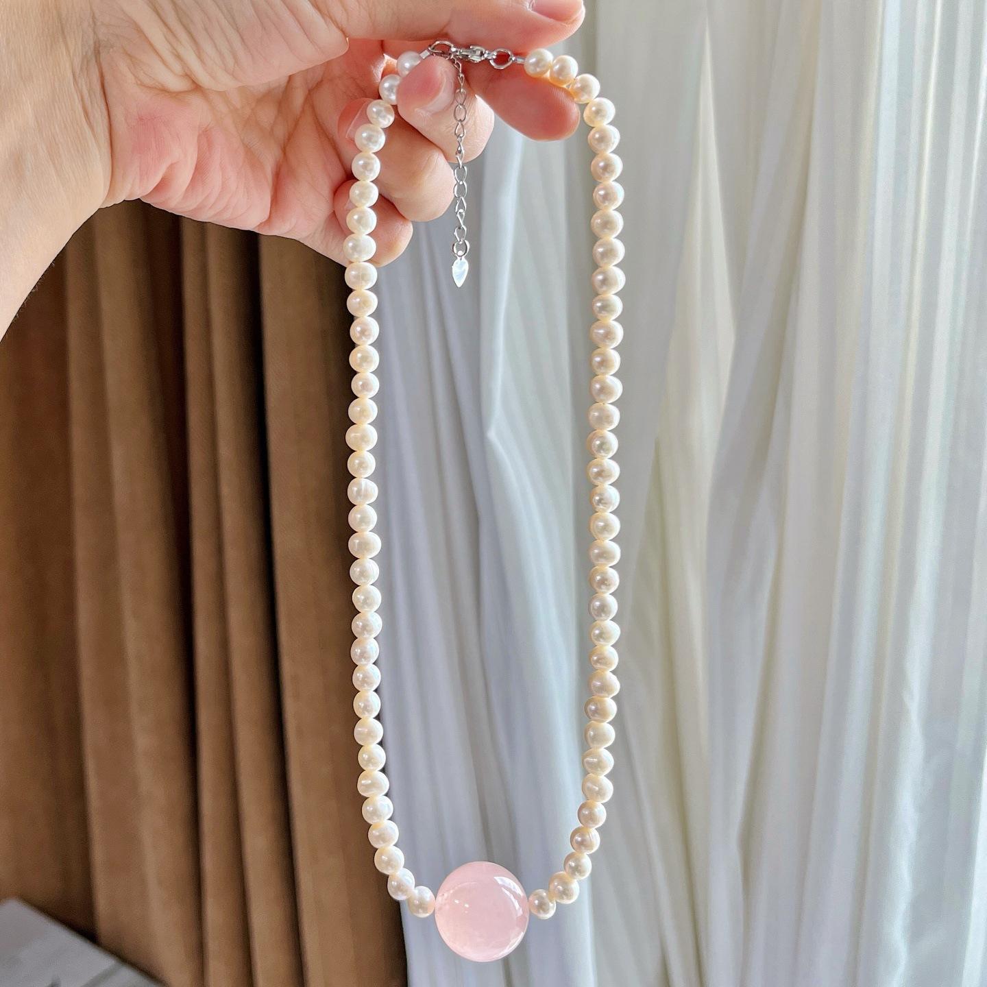 5-20Mm High Quality Natural Freshwater Pearl Madagascar Powder Crystal Clavicle Chain Necklace