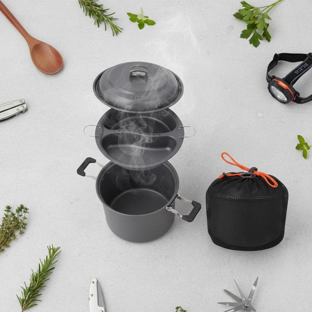 double Compartment Steaming Pot Hard Anodized Outdoor Steamer Set Coated Portable Cooking