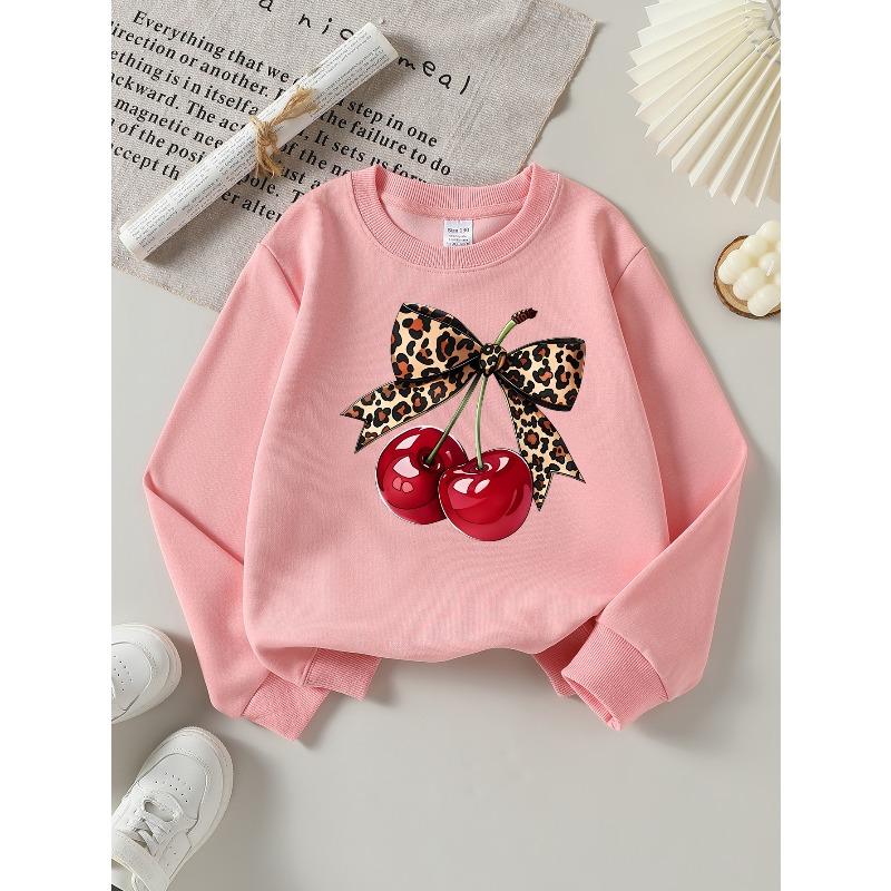 Girls' Sweatshirt, Girls' Clothes, Girls' Round Neck Fashion Sweatshirt, Leopard Print Bow Cherry, Girls' Autumn And Winter Trendy Print Sweatshirt