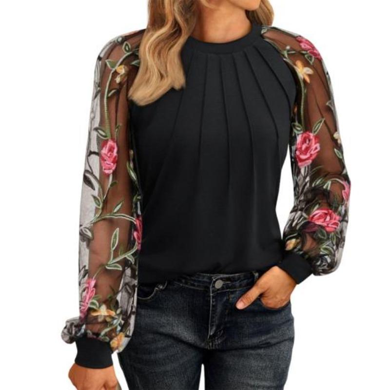 Top da donna, girocollo, in rete, a sbuffo, a maniche lunghe, tinta unita, versatile, stile camicetta