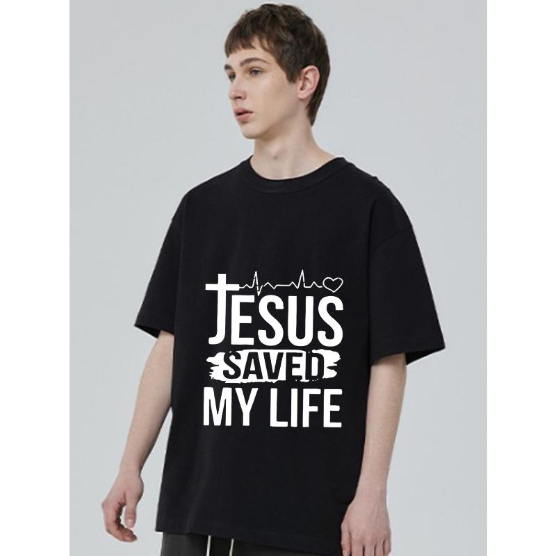 Black T Shirt Jesus Saved My Life Christian Cross Heartbeat Design for Casual Wear and Religious Expression
