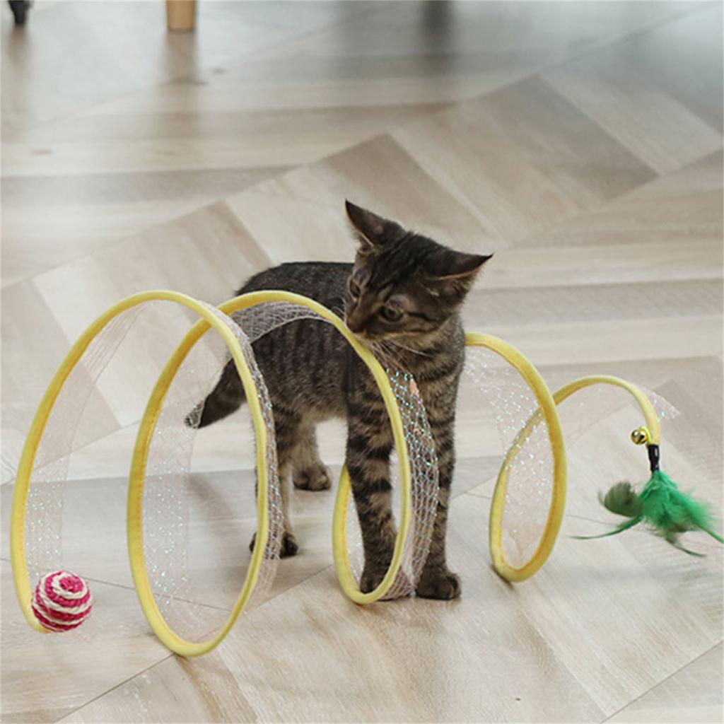 Folded Cat Tunnel Toy Interactive Funny Collapsible S Type Cat Tunnel with Feather for Pet Cat