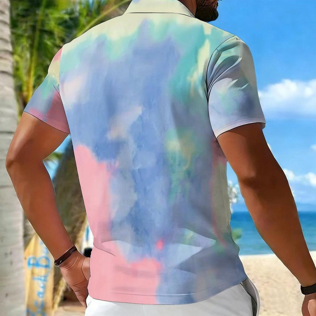 Women Short Sleeve Polo Shirt Pink White Black Camouflage Print Half Zip Lapel Top