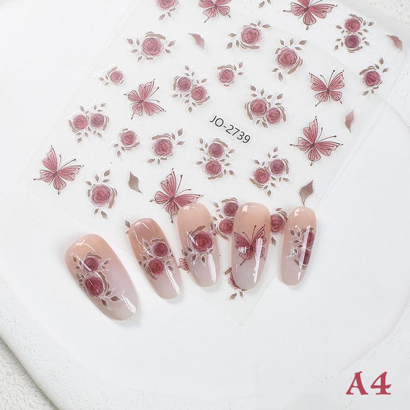 

1 лист наклейки для ногтей с розовыми цветами и бабочками, самоклеящиеся тисненые наклейки для нейл-арта для девочек, летняя декоративная наклейка A4