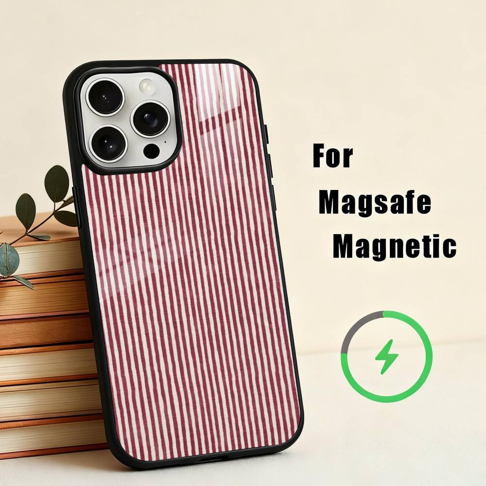 B-Burgundy W-White Stripe Phone Case For iPhone 17,16,15,14,13,12,Plus,Pro,Max for Magsafe Magnetic Wireless Charging