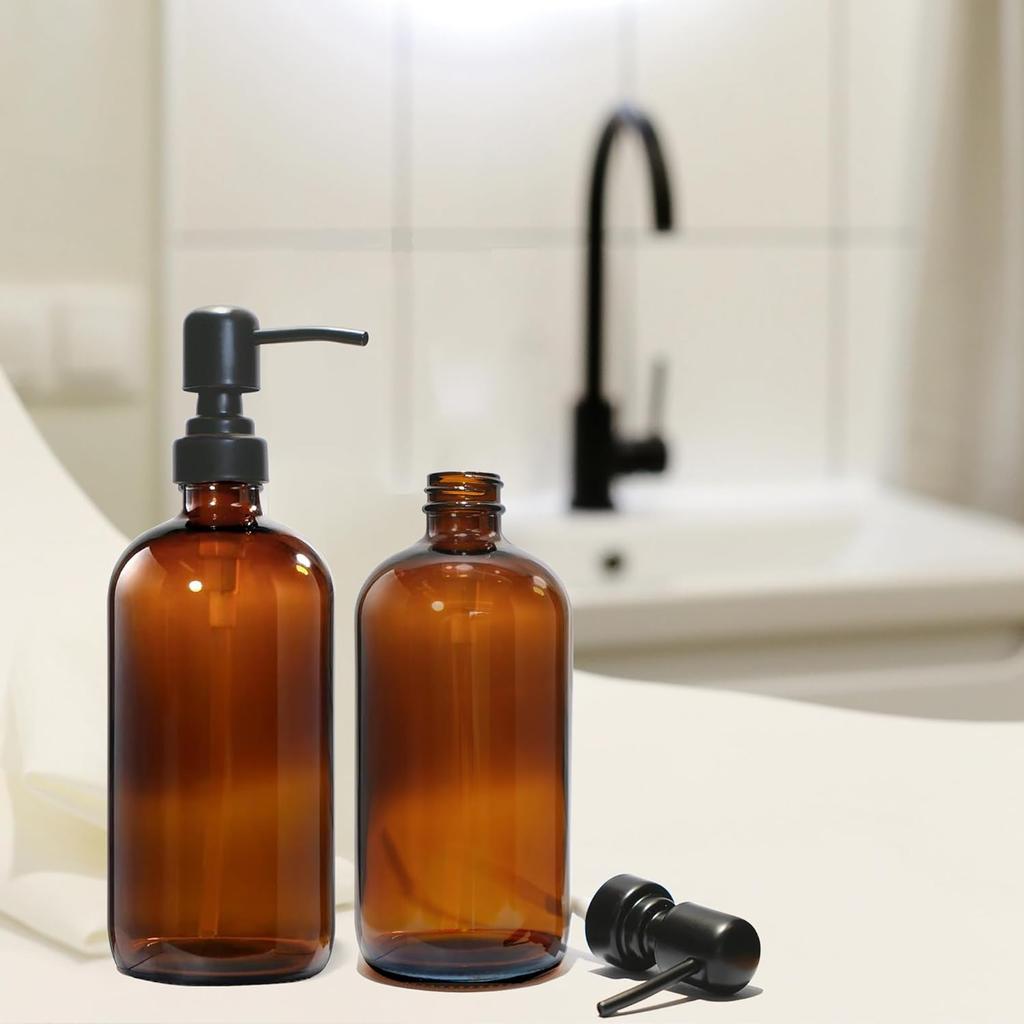 Amber Glass Soap Dispenser, 2 Pack Hand Soap Dispenser with Stainless Steel Pump for Bathroom and Kitchen, 16 oz, Premium Glass Pump Bottles