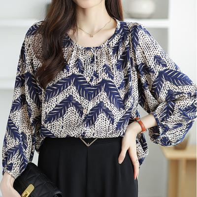 Fashion Elegant Casual Loose Chiffon Shirts Women Long Sleeve Tops Plus Size Women's Blouses Round Neck Slim Vintage Print Shirt Woman Clothing 26340