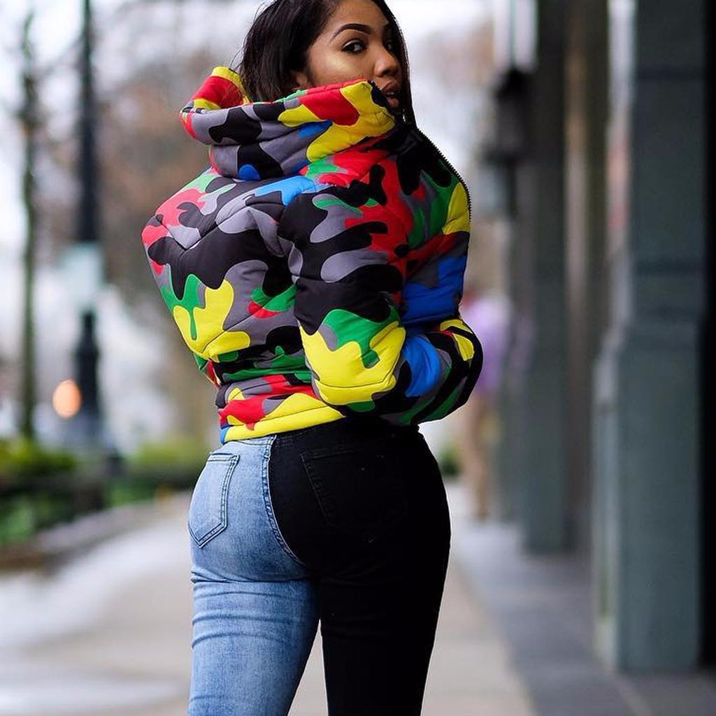 Unisex Long Sleeve Glossy Camouflage Bread Down Jacket Zipper Pockets Coat