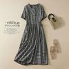 Black White Checkered Cotton Linen Short-sleeved Dress Women Waisted Casual A-line Mid-length Skirt