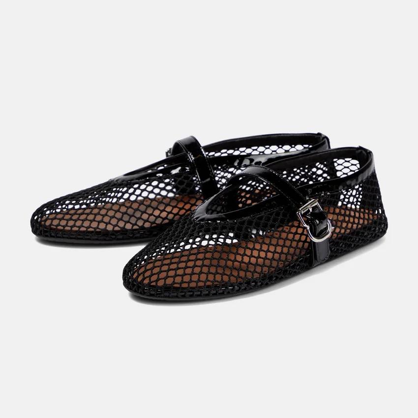 Women Mary Jane Flat Heels Mesh Buckles Cut Outs Ventilate Black Casual Summer Round Toe Shoes Woman