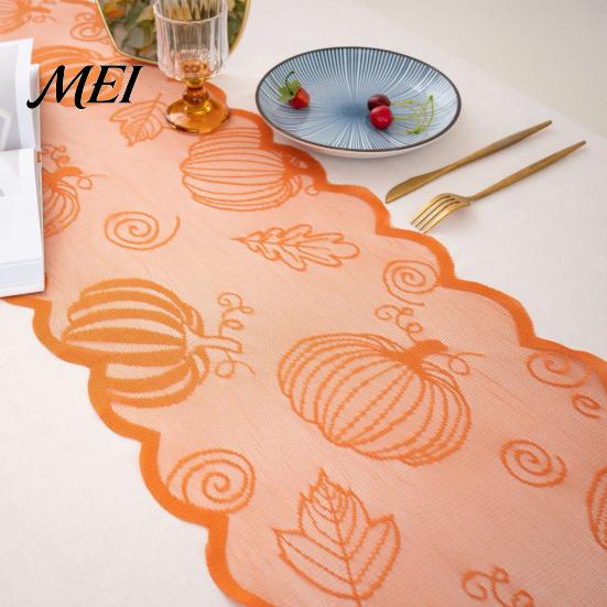 Fall Harvest Table Decor Runner Decorations, Maples Leaves Lace Orange Thanksgiving Dining Runner, Autumn Decorations for Kitchen Party Translucent