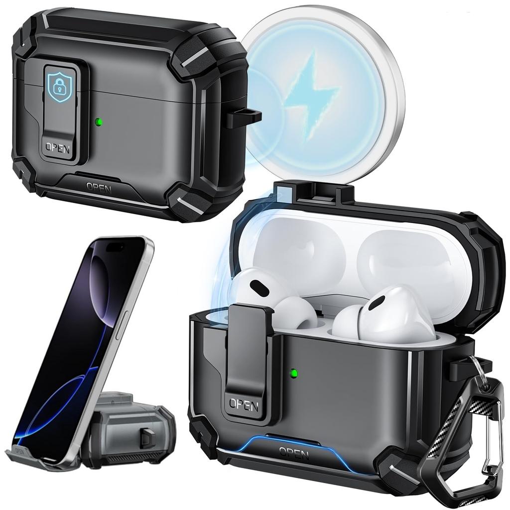 Transparente Hülle für AirPods Pro 3 Hülle mit Handyhalterung und Sicherheitsverschluss Automatisches Aufklappdeckeldesign mit Reinigungsstiftabdeckung für AirPods Pro 3