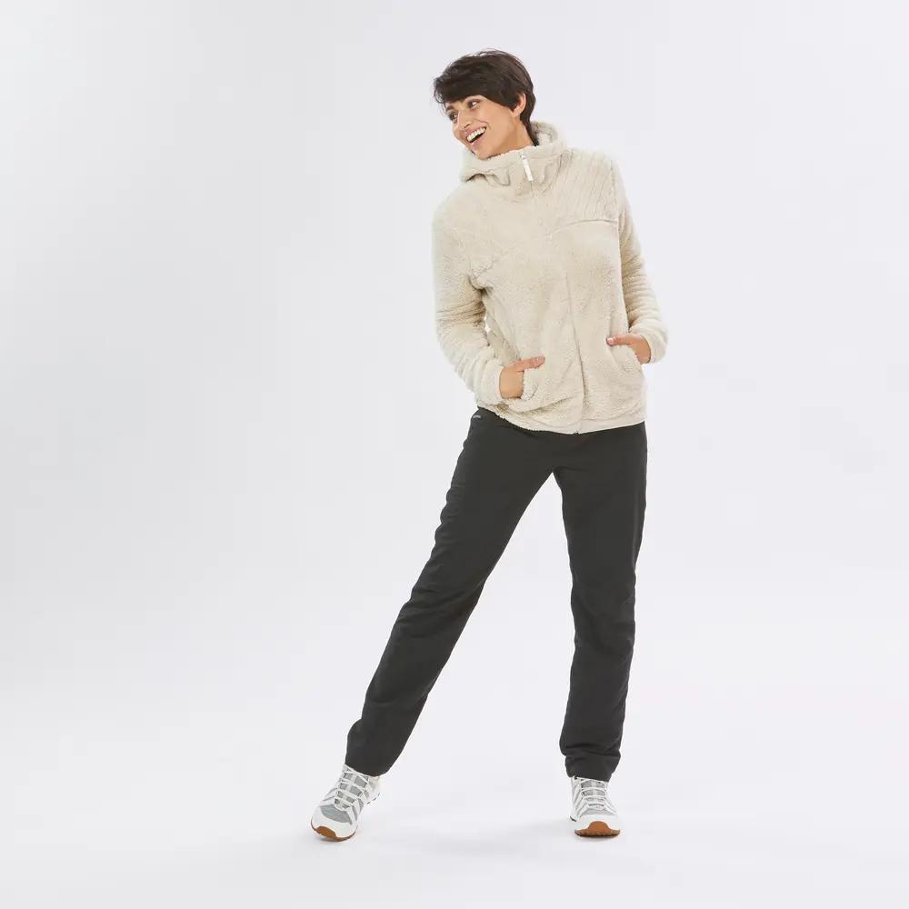 Decathlon SH500 QUECHUA Solid Color Loose Hooded Zipper Design Fitted Winter Hiking Polar Fleece Jacket Women's Light Chalk Grey