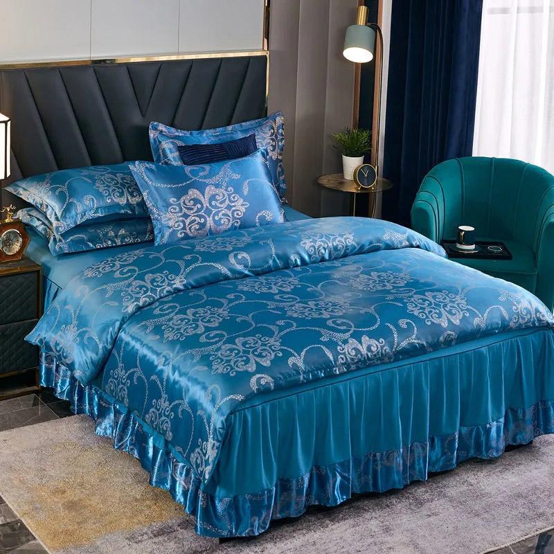 4 stk/sett Europeisk Jacquard Sengeskjørt Sengetøysett Fire Sesonger Laken Dynetrekk Sommer Issilke Dobbeltseng Bryllup Lett Luksus Fire Deler Sett