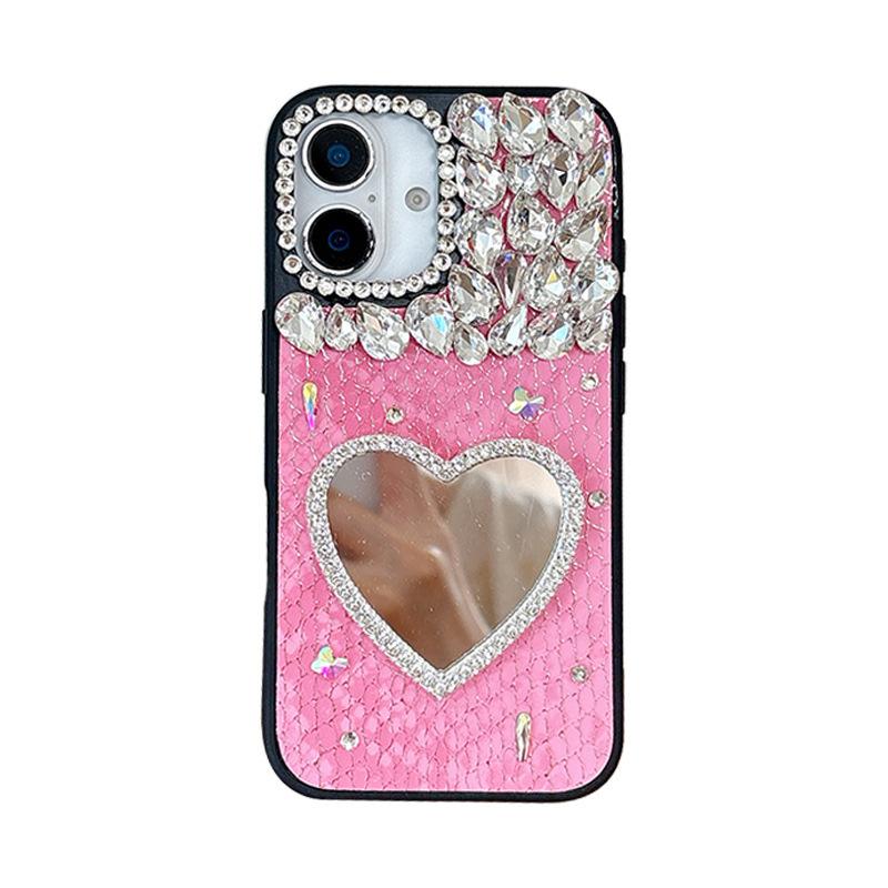 Rhinestone Love Mirror Mobile Phone Case for IPhone17promax Leather for Apple 16 Women's Model 15 Personality