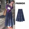 Gentle Vintage Cottagecore Floral Midi Skirt for Women - High-Waist Purple Tiered Cake Long Skirt