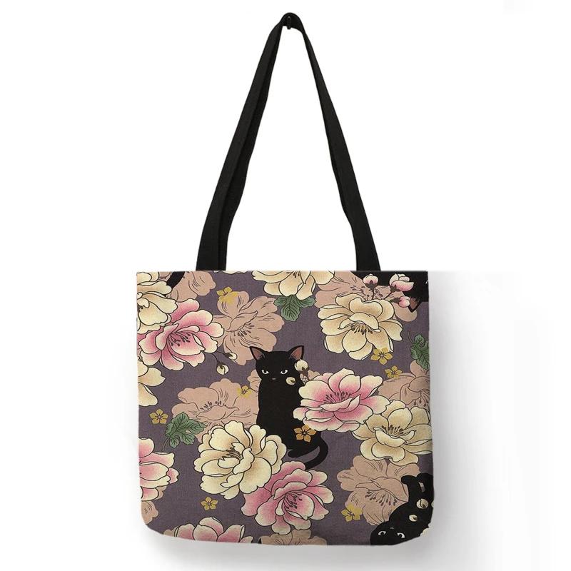 Cute Cartoon Floral Cat Print Women Shopping Bag Linen Fabric Shoulder Bag Eco Storage Handbag Reusable Foldable Grocery Totes