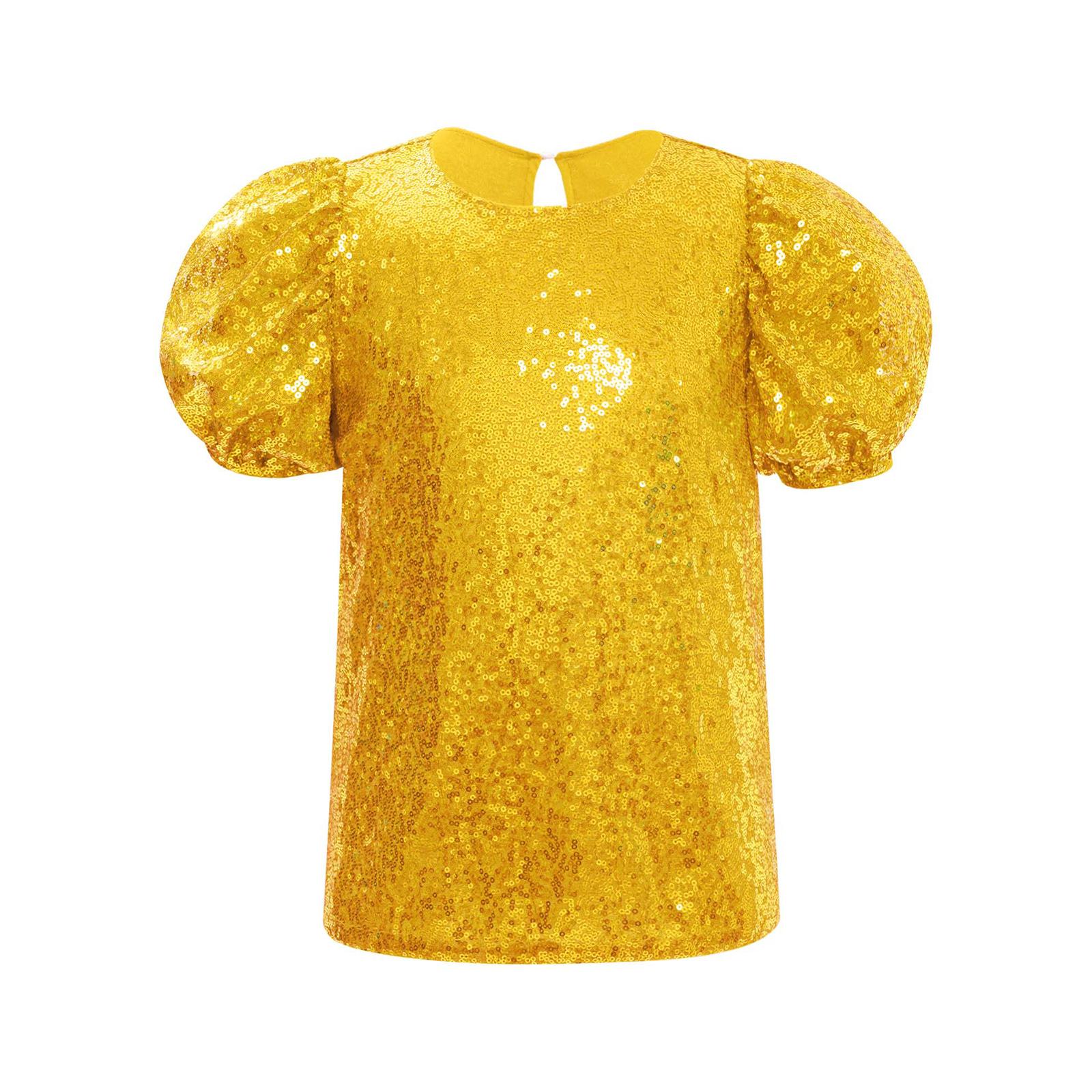 

Girls Short Puff Sleeves Shiny Sequins Top Jazz Dance Cheerleading Performance Wear золотий