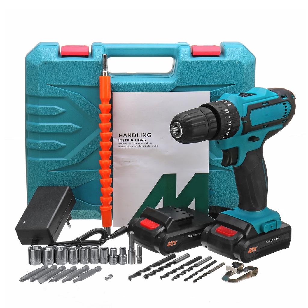 2 Speed 32V 3 IN1 2 Batteries Cordless Drill Impact Drill Power Driver Electric Drill Power Tool  Electric Screwdriver