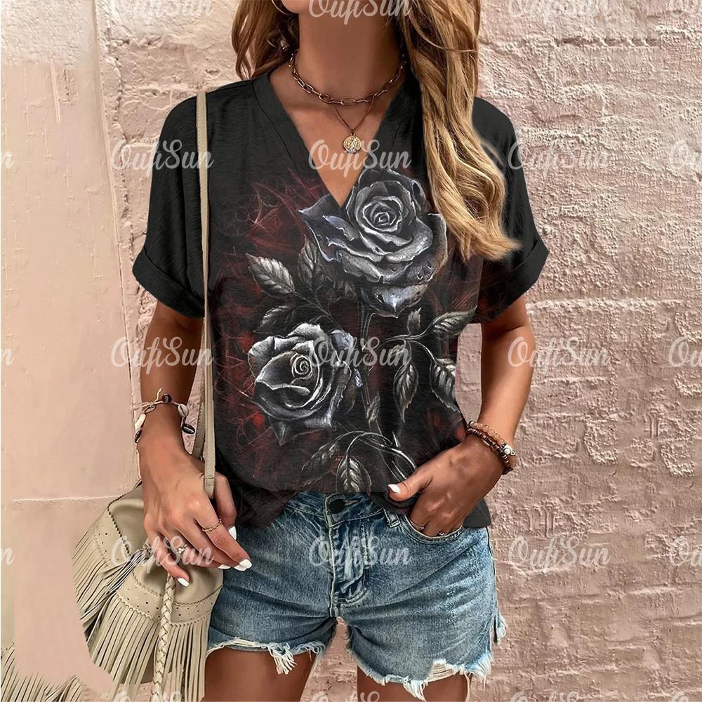 Sommer Damen Mode T-Shirt Vintage Blumen Rosenmuster V-Ausschnitt Oberteile Tees Damen Kurzarm Kleidung Damen Lässige Streetwear
