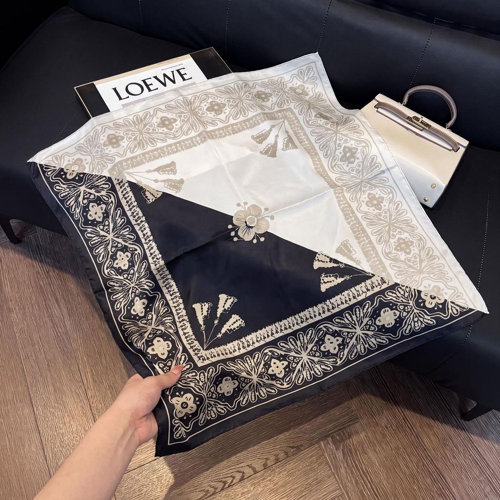 Sen green flower print fresh imitation silk scarf premium versatile square scarf neck protection scarf trendy headscarf scarf women