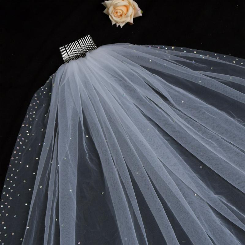 1 Tier Wedding Bridal Veil with Comb Sparkling Rhinestones Adornment Short Fingertip Length Cut Edge Tulle Veil