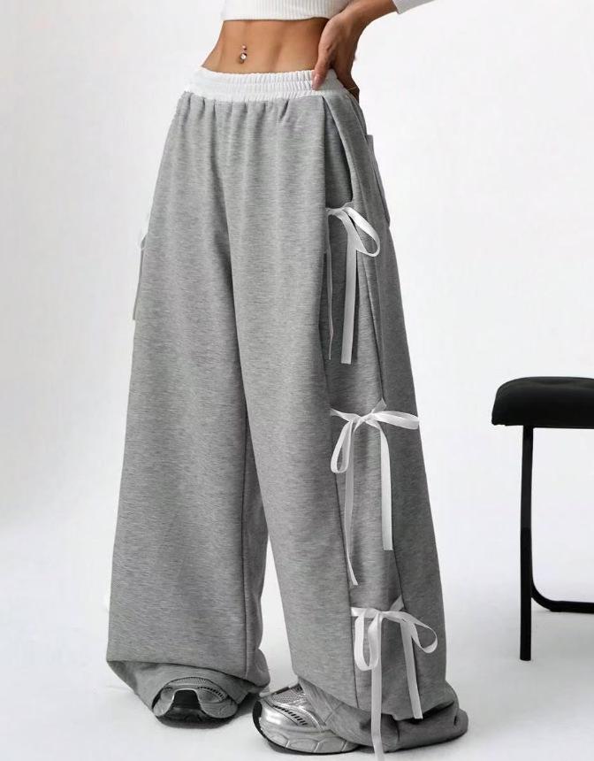 

European and American Women s 2026 Casual Bow Contrast Patchwork Drawstring Pants XL сірий колір