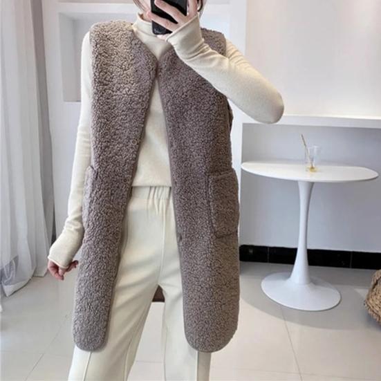 Women's  Autumn Winter Vest Coat Round Neck Loose Mid-length Sleeveless Single-breasted Pockets Cardigan Warm Thick Outerwear Vest