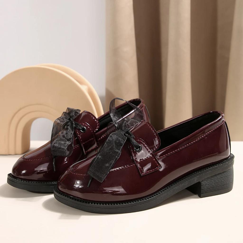 Women Chunky Loafers Fashion Bowknot Patent Leather Mid Heels Shoes 2024 Autumn Female New Brand Designer Pumps Mujer Zapatillas