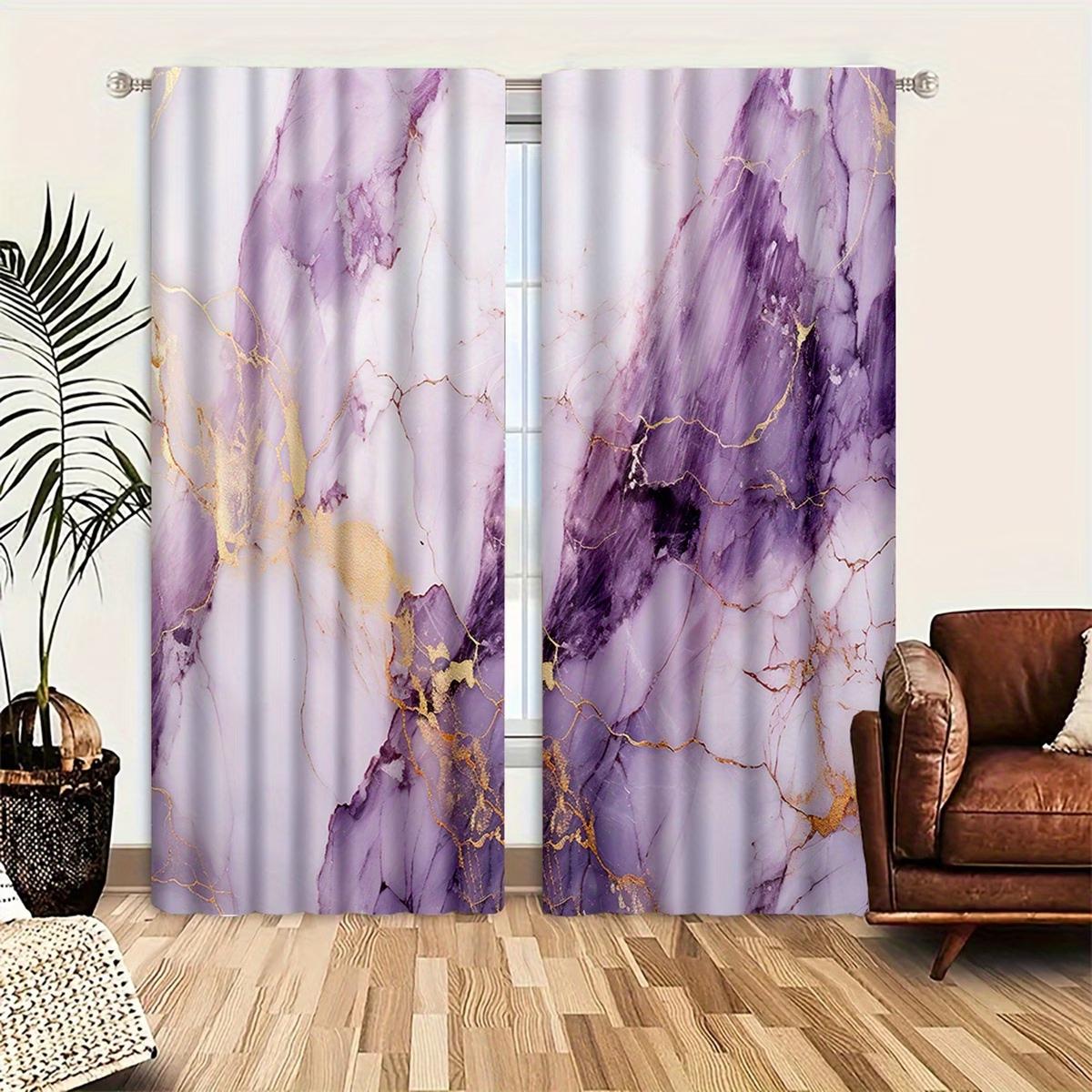 

2PC Purple Gold Marble Texture Sheer Curtains - Luxe Modern Stone Print Window Drapes for Living Room Bedroom Decor 24x59in(60x150CM)x2&Rod Pocket