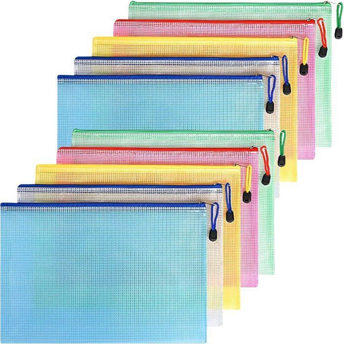 Lot de 10 pochettes documents A4 fermeture clair en PVC impermable pour documents pochette couleurs multiples POCHETTE PLASTIQUE