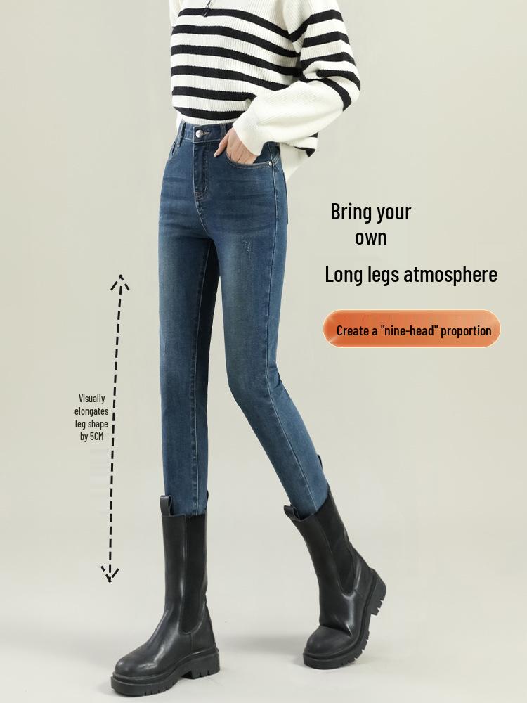 Women's Dark Blue Fleece-Lined Skinny Jeans - 2025 Winter Slim Fit, Thickened, Tight-Fitting, Show-Thin Pencil Pants for Boots