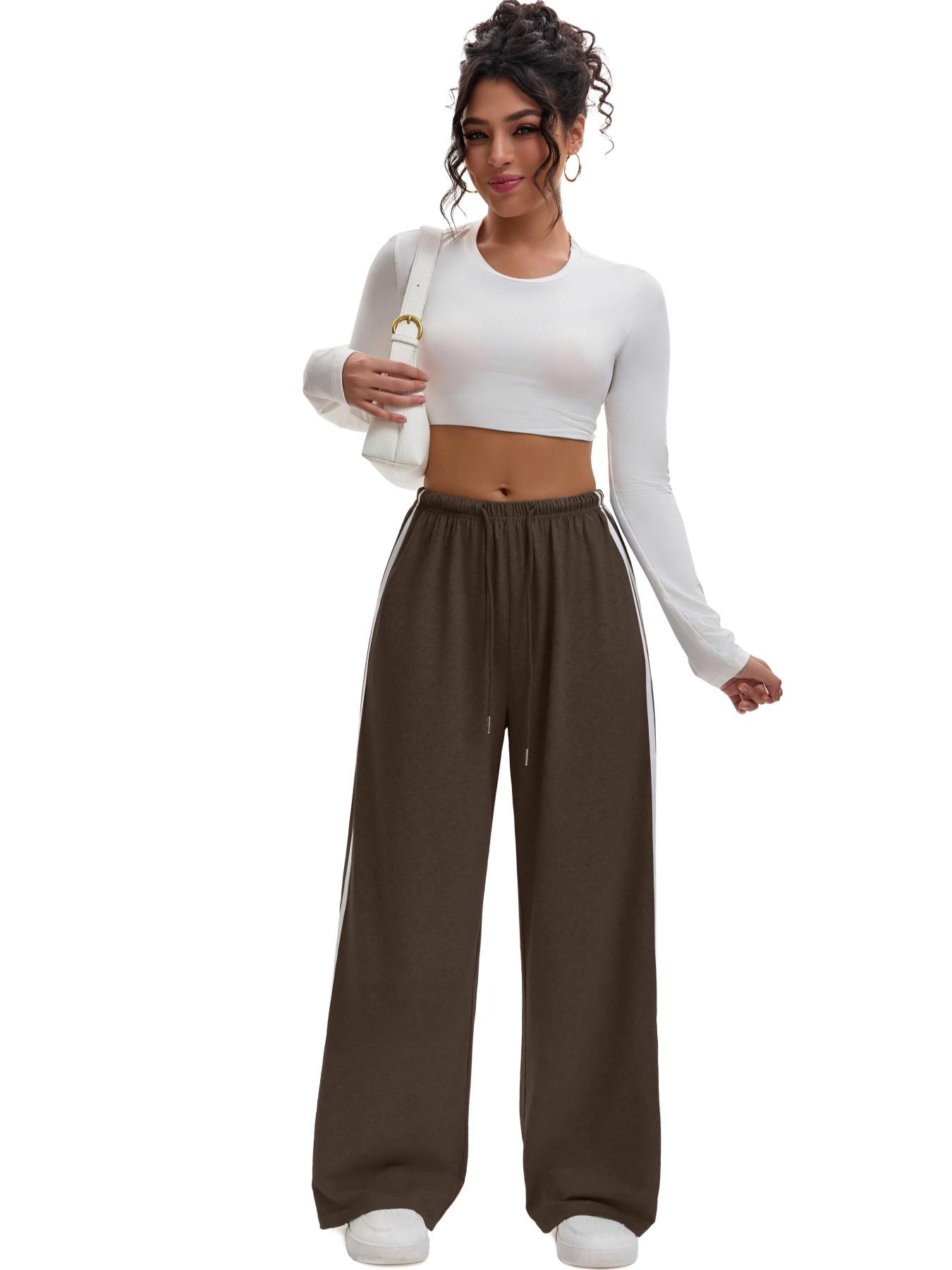 

Autumn European & American Style Side-Stripes Color-Block Loose Wide-Leg Pants Large темно-коричневого