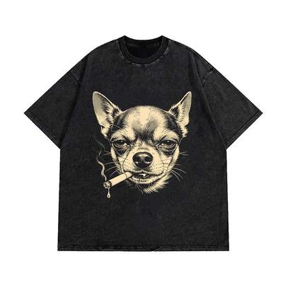 Humorous Chihuahua Smoking Print T-Shirt Women Men Wash Distressed Vintage O Neck Tees Unisex Student Casual 100 Cotton Tops L260527