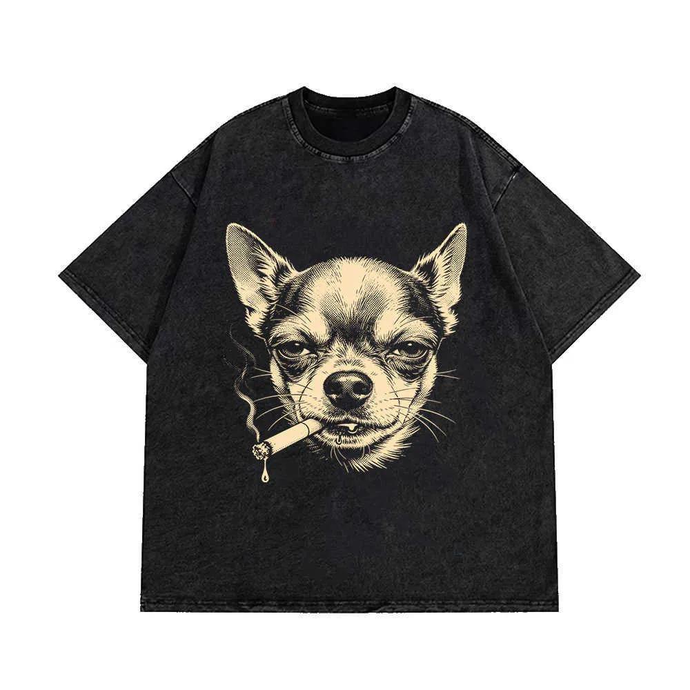 Humorous Chihuahua Smoking Print T-Shirt Women Men Wash Distressed Vintage O Neck Tees Unisex Student Casual 100 Cotton Tops L260527