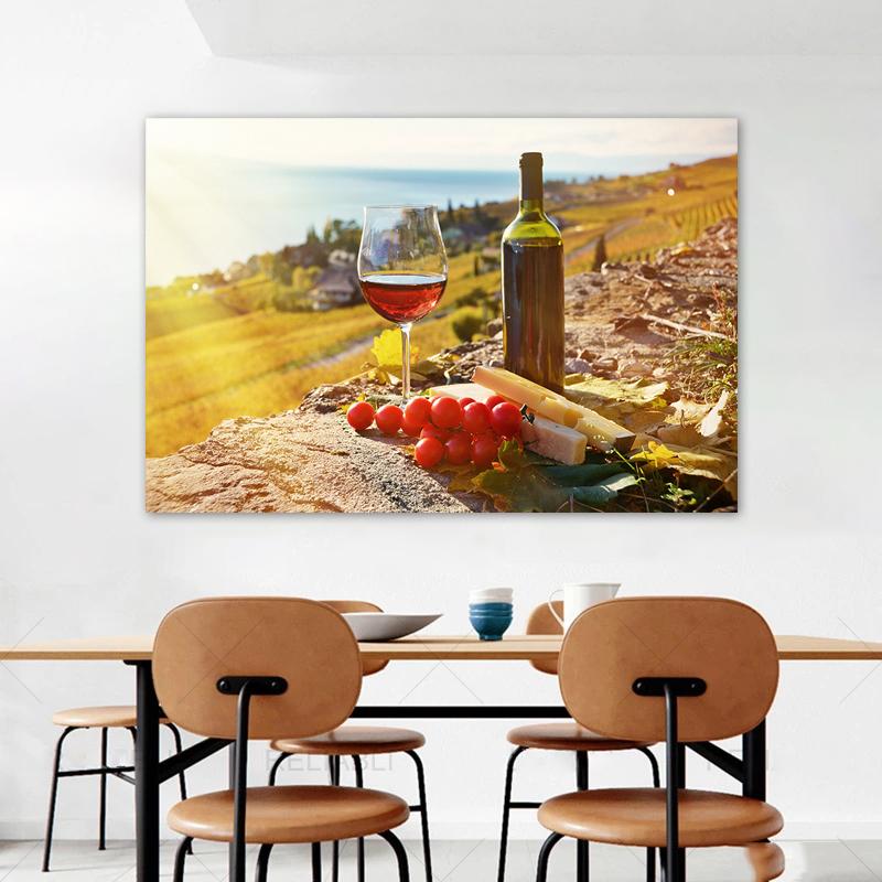 Wine Glass Bottle Posters and Prints Canvas Painting Wall Art Pictures for Dining Room Home Decor Grapes Wooden Barrel Cuadros