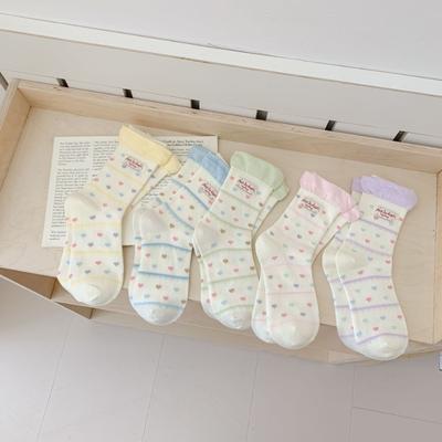 Female Spring and Autumn Lovely Polka Dots Sweet Cartoon with Cloth Logo In The Tube Pile Socks