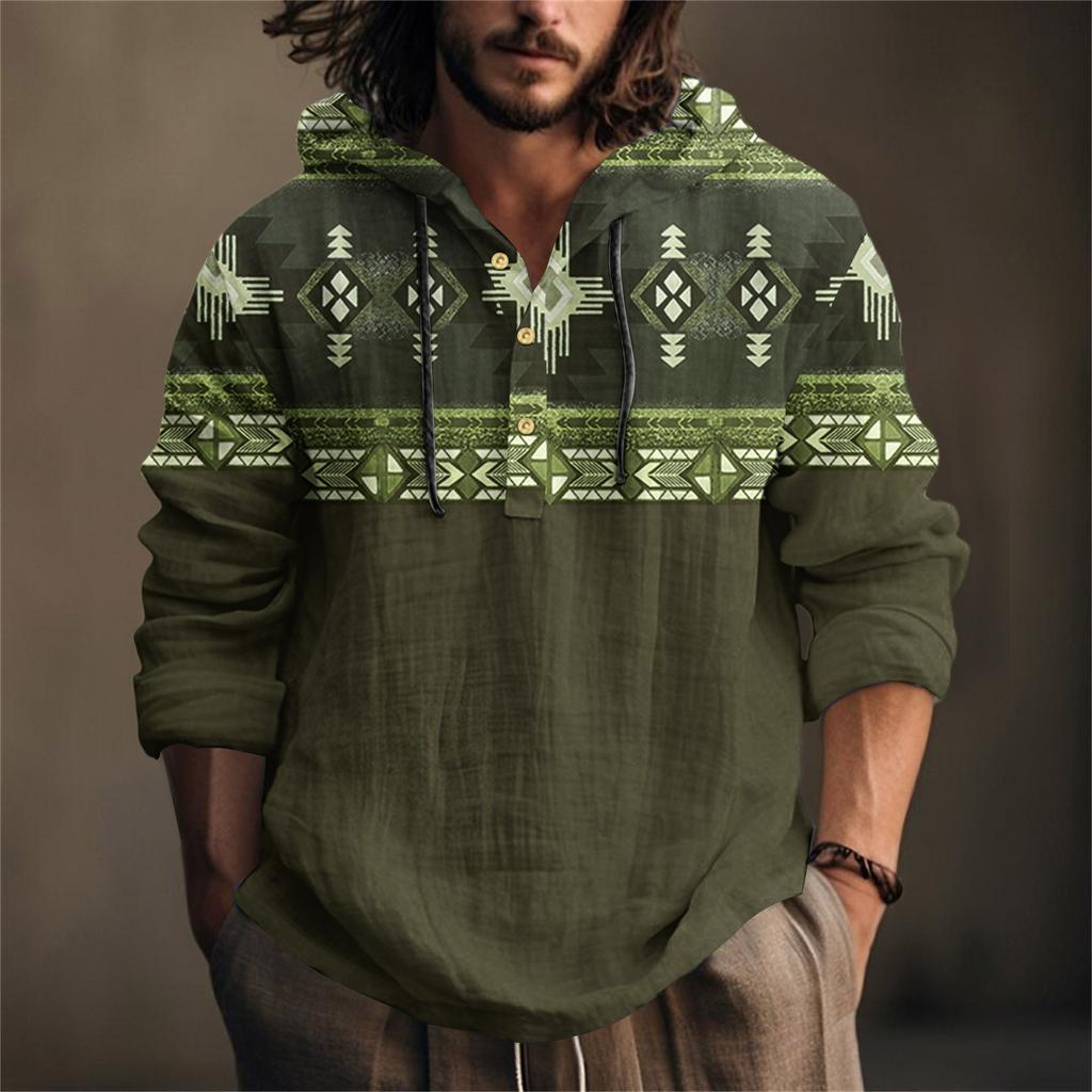 Printed Men's Cotton And Linen Shirt Hooded Long-sleeved Hooded Spring And Summer Casual Daily Wear