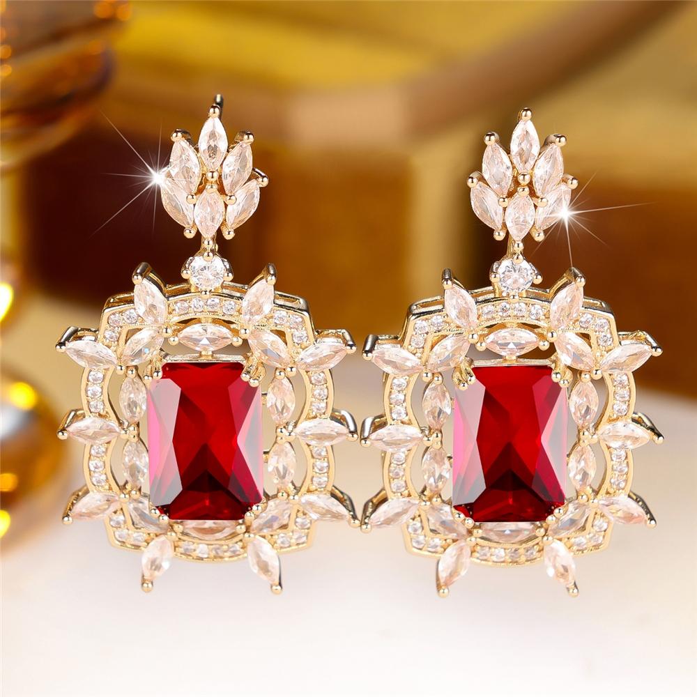 Charm Elegant Female Rectangle Big Blue White Red Stone Hoop Earrings Trendy Fashion Gold Color Wedding Jewelry For Women
