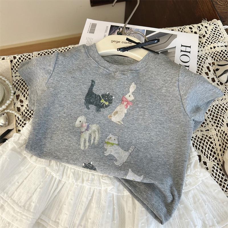 2024 Korean Kids' Summer Polka Dot 2-Piece: Cartoon T-Shirt & Skirt Pants Set