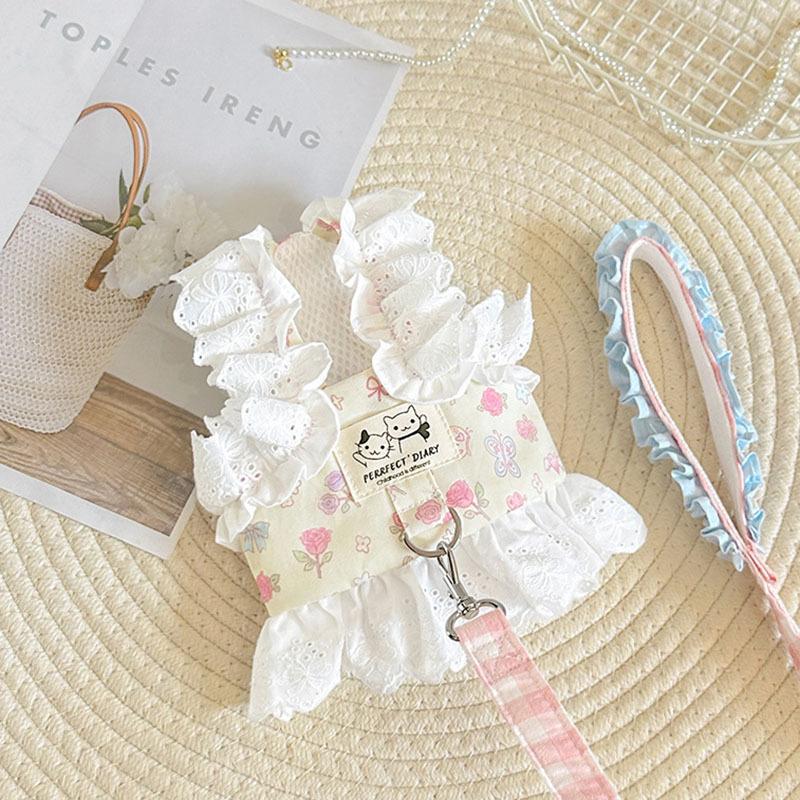 Lace Floral Print Dog Harness Dress Breathable Mesh Dog Vest For Small Medium Teddy Maltese Cat Outdoor Puppy Summer Clothes