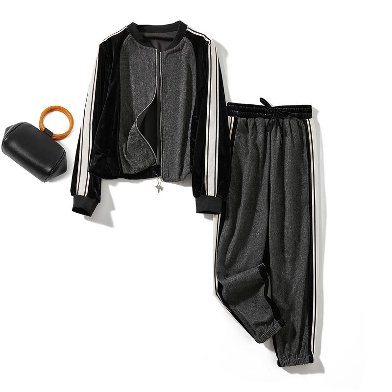 

Fashion Sense of Movement Is Set! Buckle Single Women Fake Two Pieces Gold Velvet Patchwork Thick Cotton Jacket with Radish Pants Autumn and Winter Black 4XL