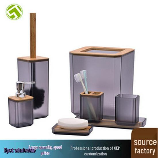 6-Piece Bathroom Set: Lotion Bottle, Toothbrush Holder, Soap Dish, Trash Can, Toilet Brush