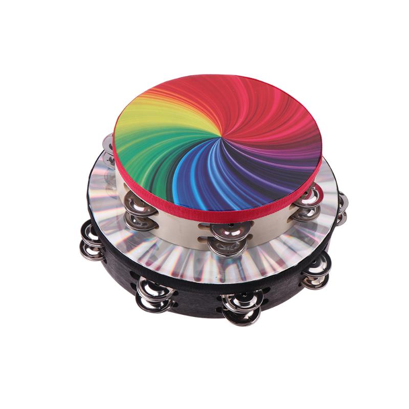 8/10 In Wooden Tambourine Handbell Hand Drum W/ Double Row Jingles Laser/Rainbow Drum Head Musical Percussion Instrument