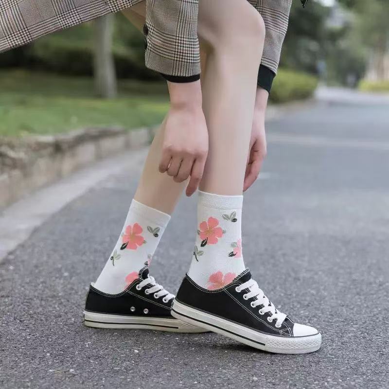 Moda Casual Crew Elegant Damas Calcetines De Algodon Invisibles Con Estampado Flores Corte Bajo Y Ancho Hasta El Tendon De